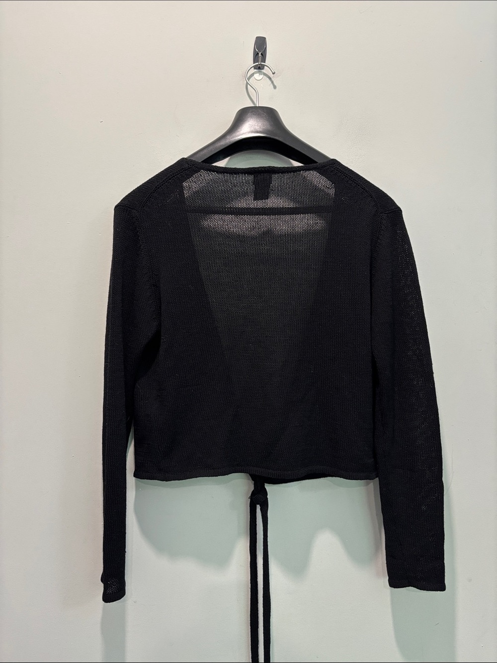 Eileen Fisher Black 100% Wool Tie Front Wrap Cardigan Size M Lightweight - Picture 6 of 16